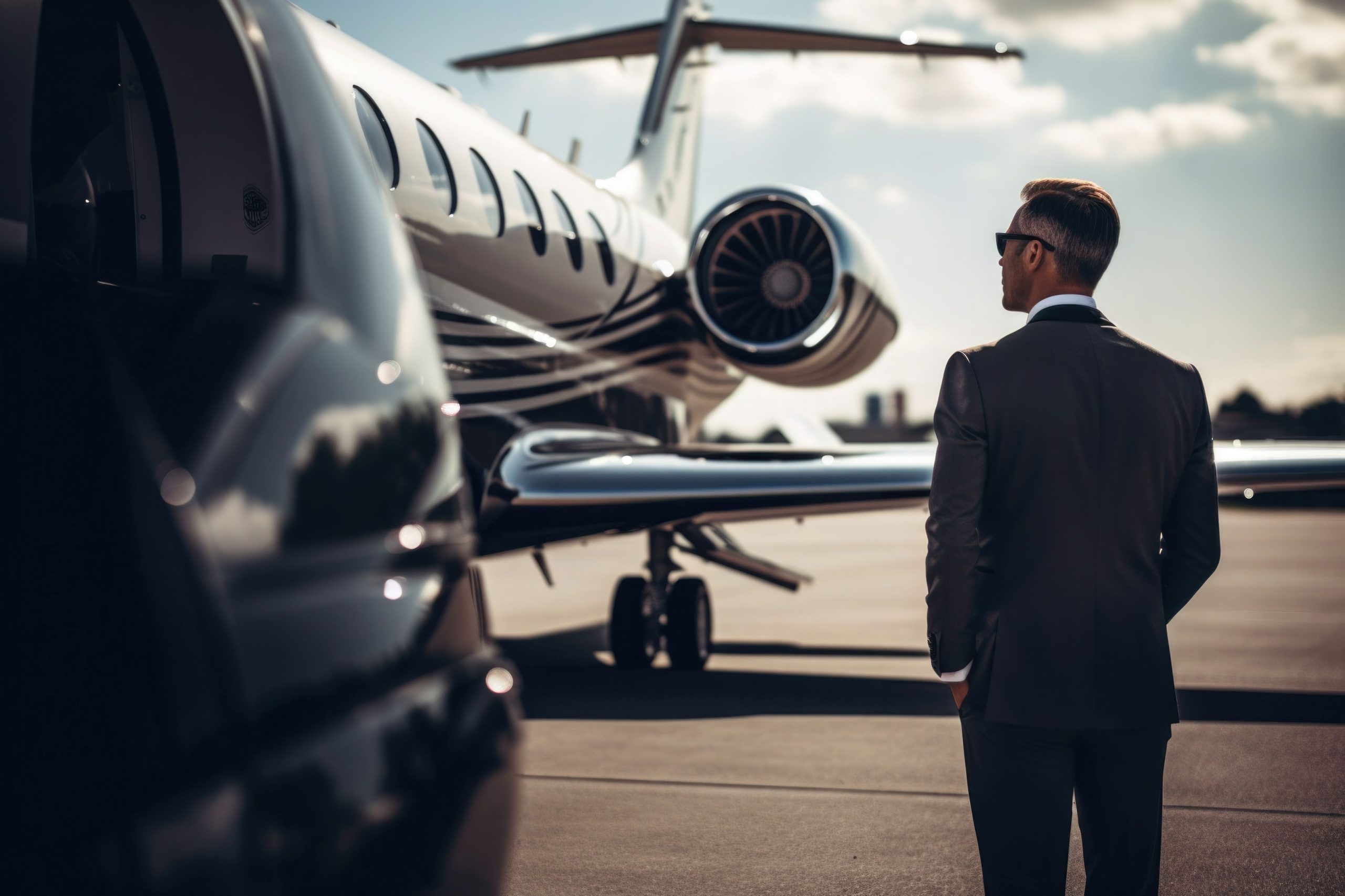 Man beside a car and private jet, illustrating an aircraft quotation